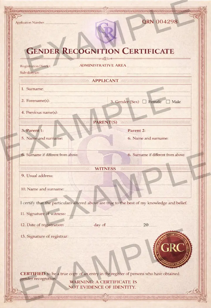 Example Gender Recognition Certificate (GRC)